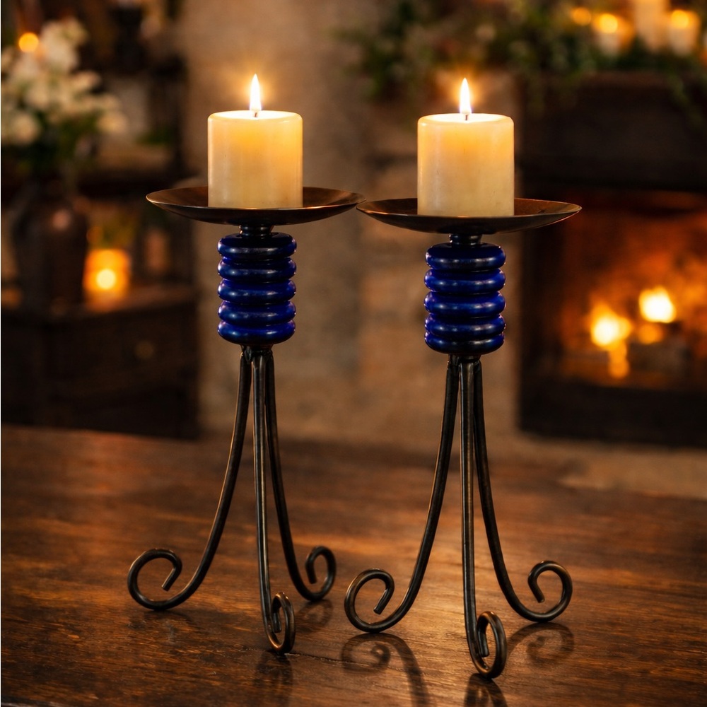 Vintage Metal Candle Holders Set of 2 Cobalt Blue Glass Bronze Tripod Pedestal - Picture 6 of 6